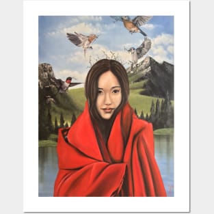 Beautiful woman in red blanket in nature background Posters and Art